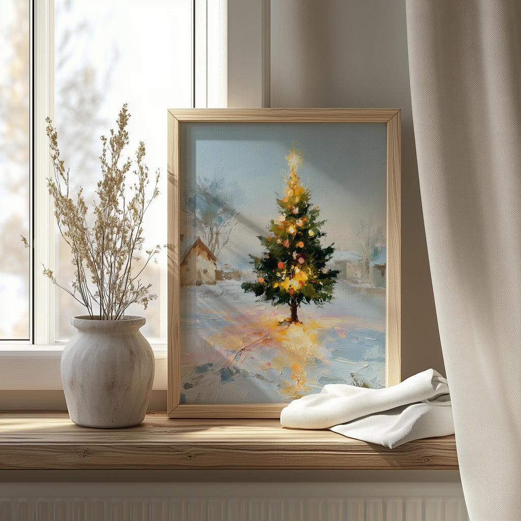 Cottage Tree Christmas art print shown in a room setting