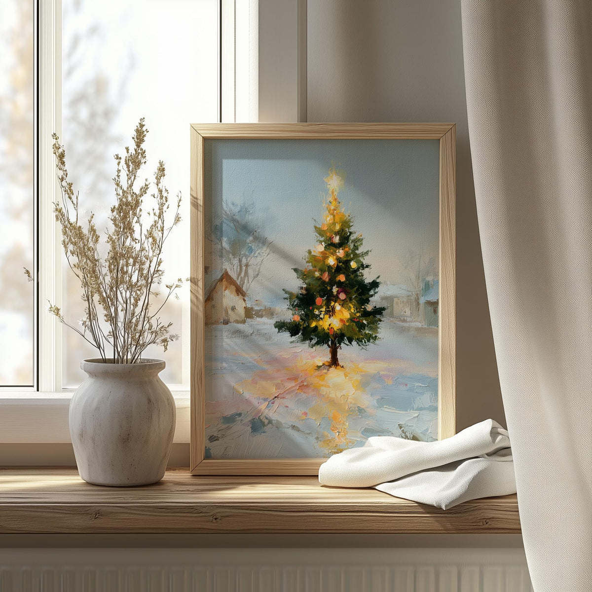 Cottage Tree Christmas art print shown in a room setting