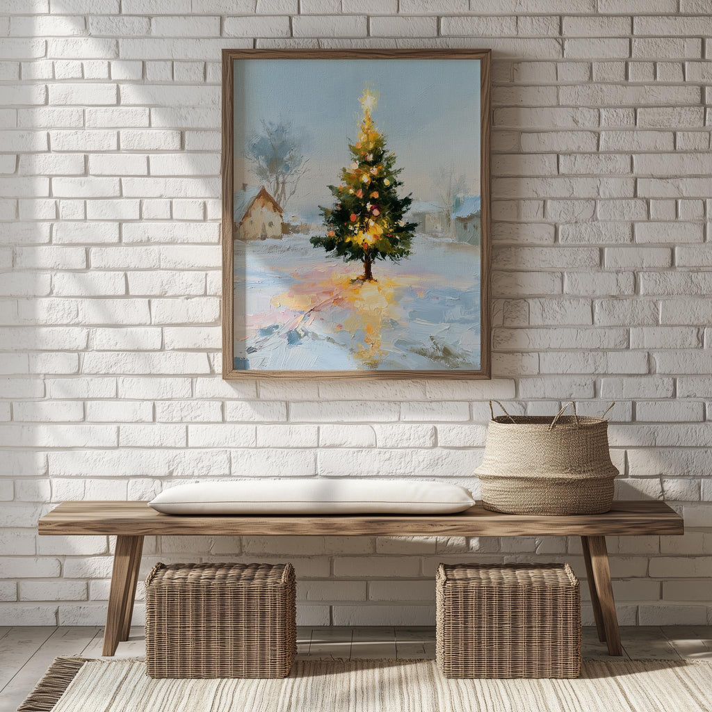 Cottage Tree Christmas art print shown in a room setting