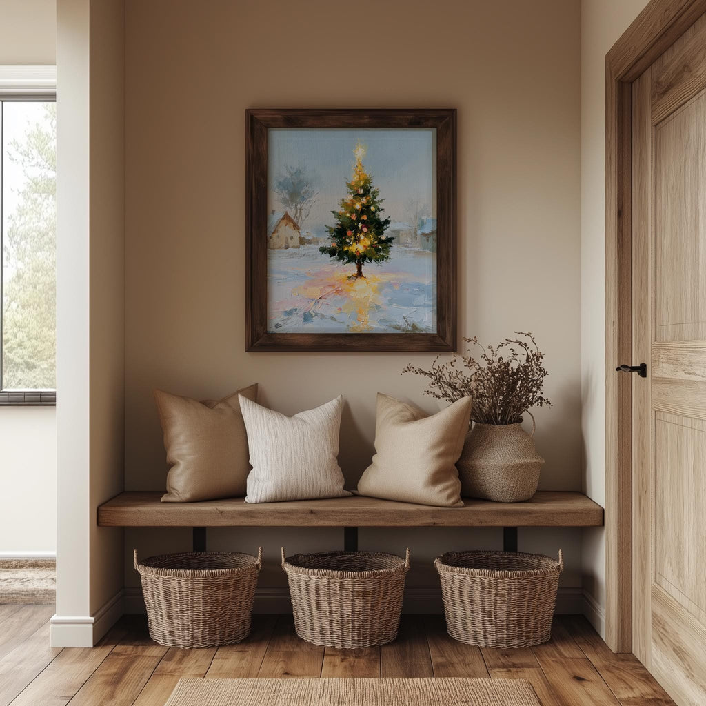 Cottage Tree Christmas art print shown in a room setting