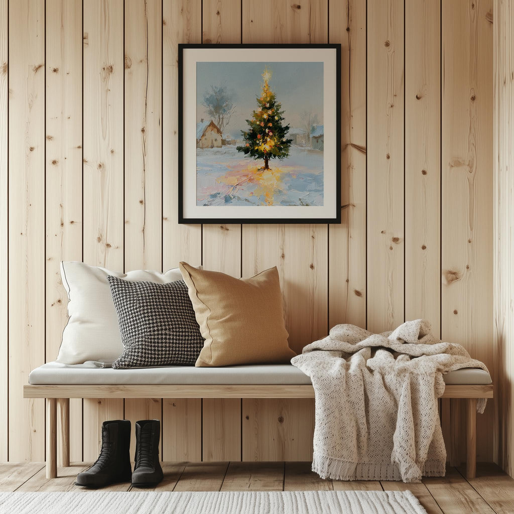 Cottage Tree Christmas art print shown in a room setting