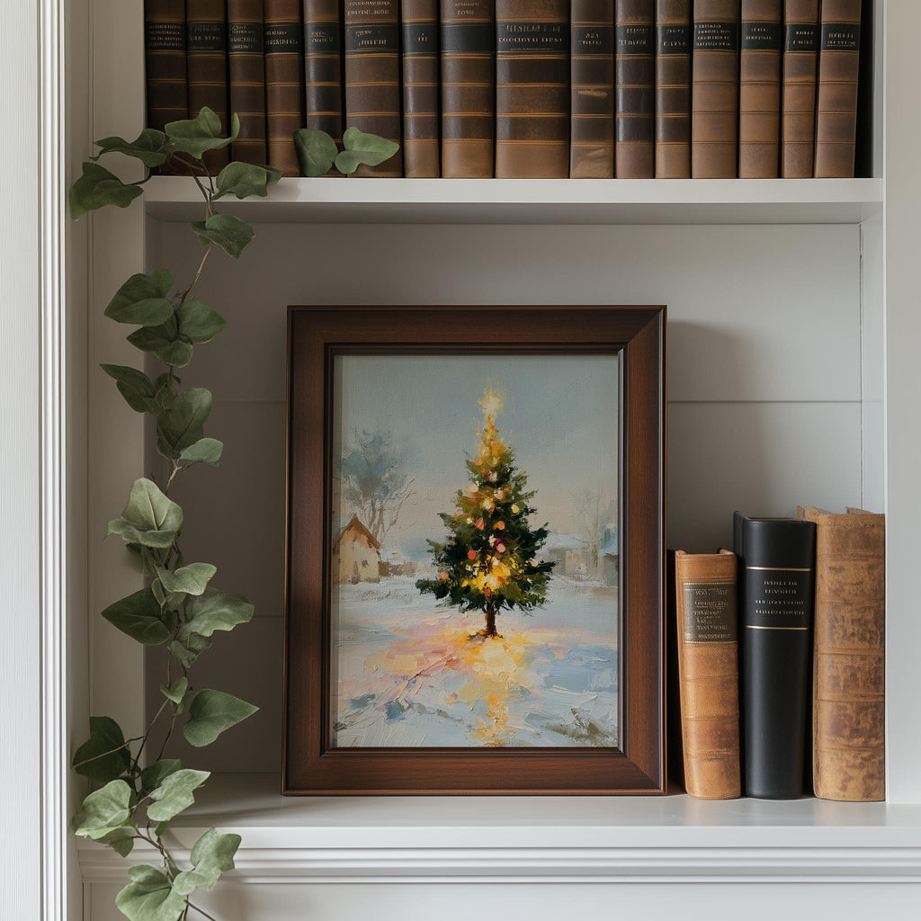 Cottage Tree Christmas art print shown in a room setting