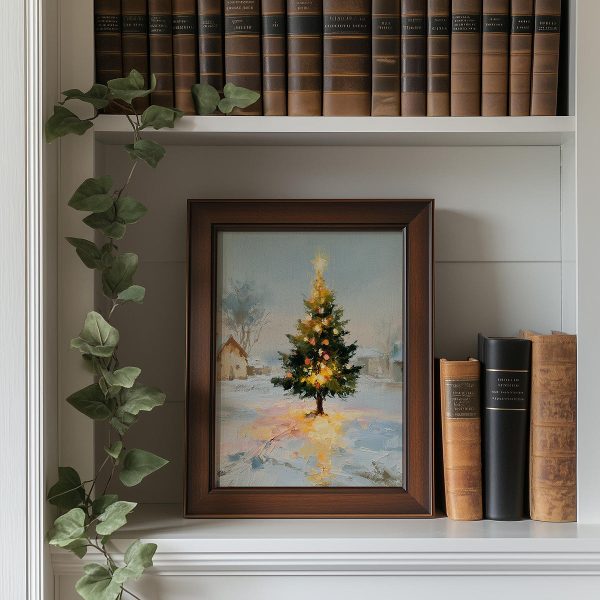 Cottage Tree Christmas art print shown in a room setting