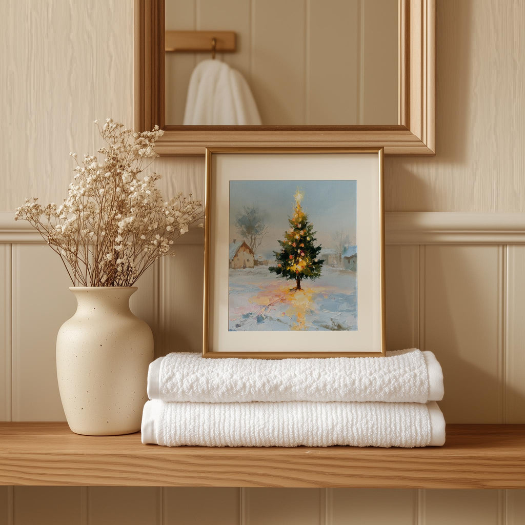 Cottage Tree Christmas art print shown in a room setting
