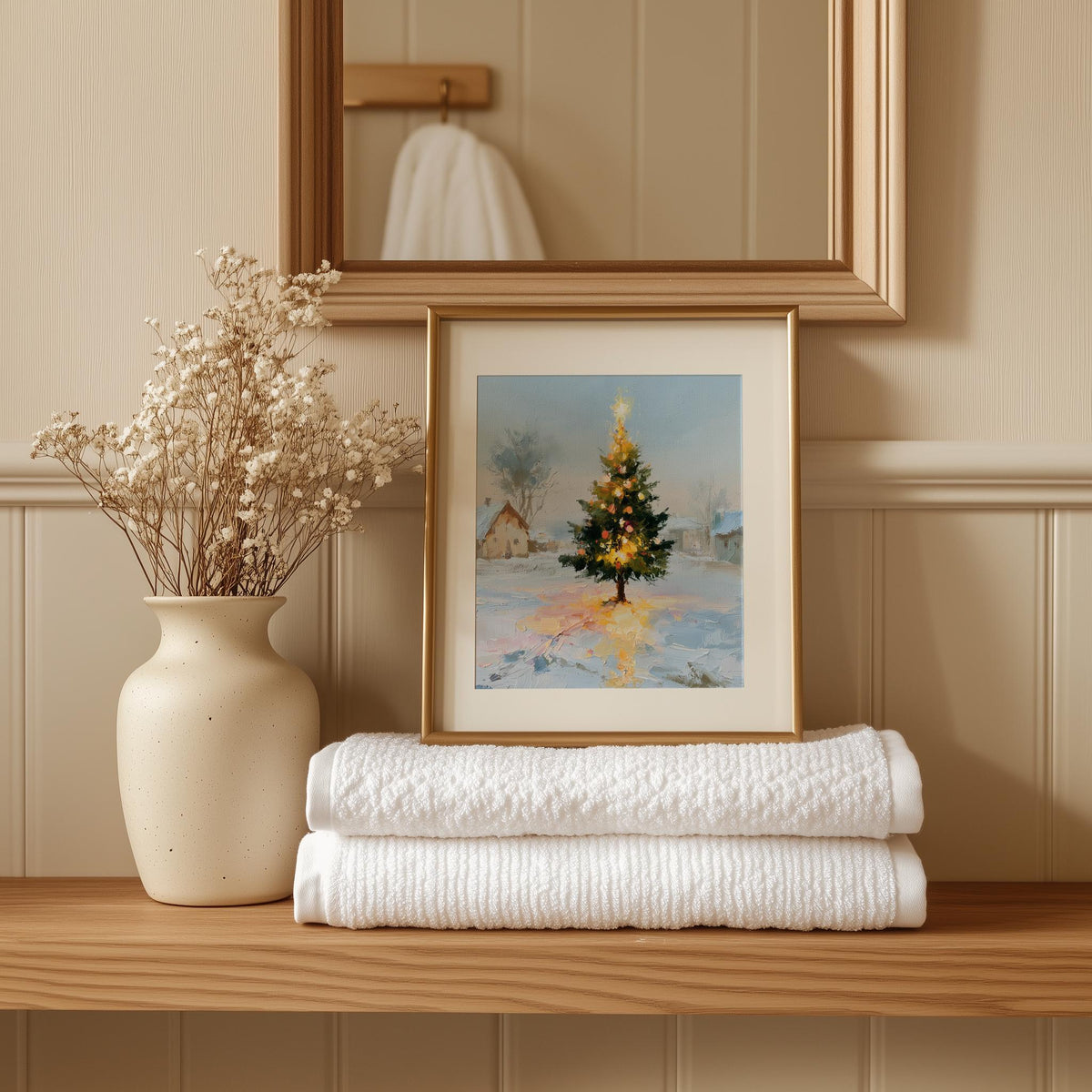 Cottage Tree Christmas art print shown in a room setting