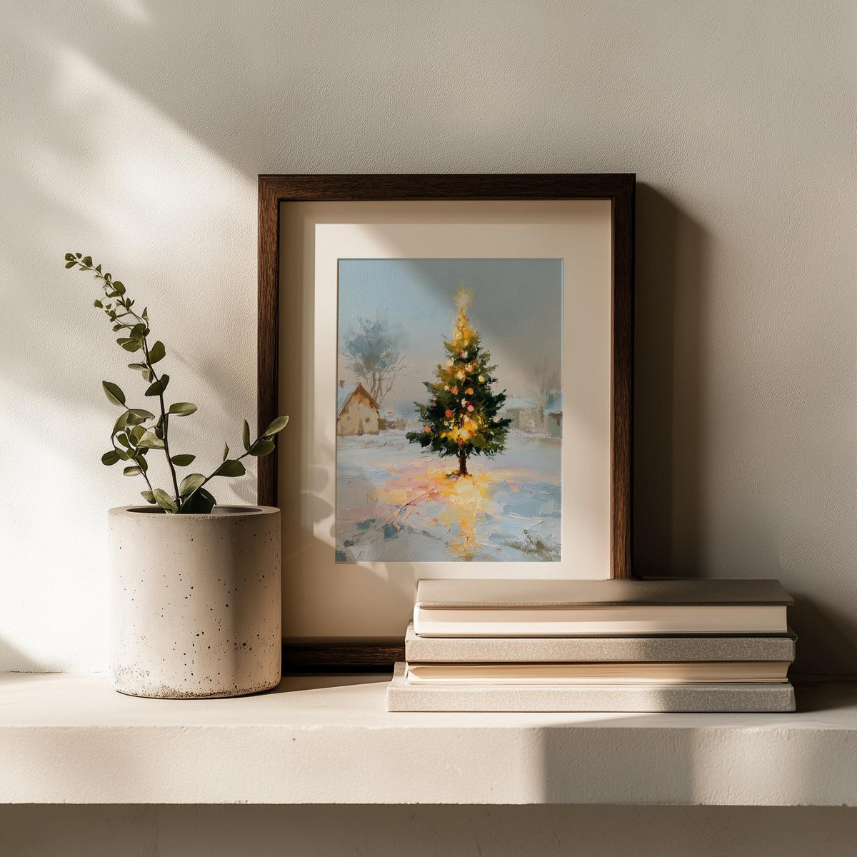 Cottage Tree Christmas art print shown in a room setting