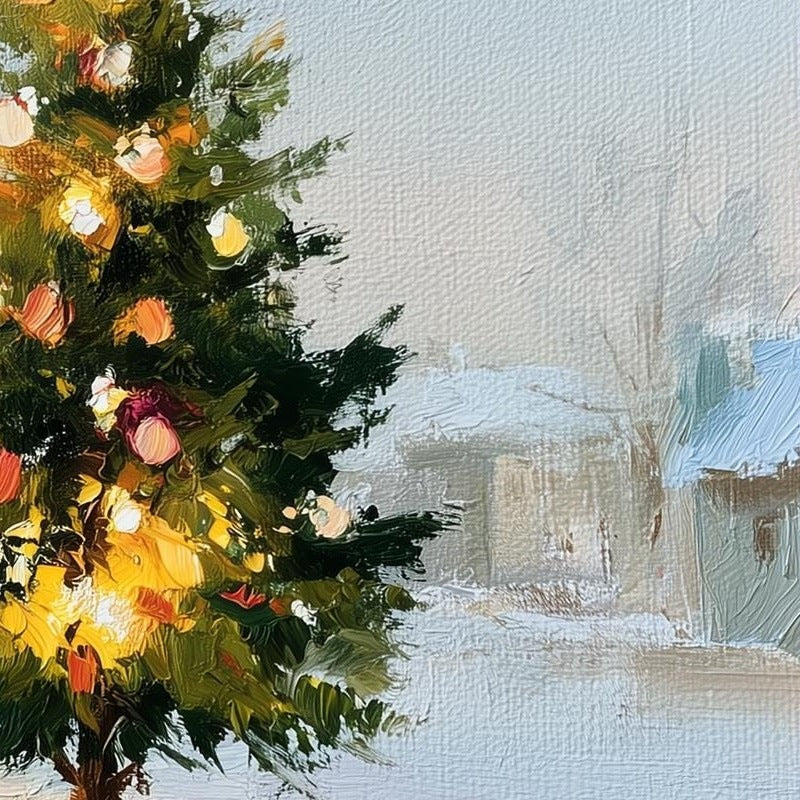 Cottage Tree Christmas art print close-up detail