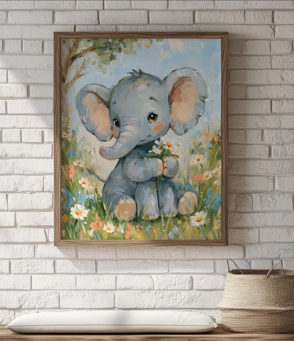 Watercolor Elephant animal art print shown in a room setting
