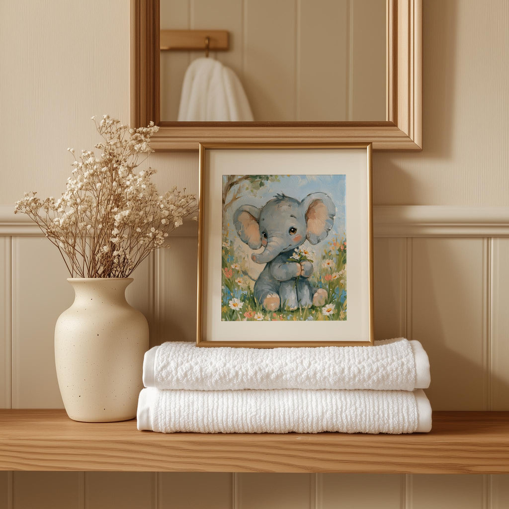 Watercolor Elephant animal art print shown in a room setting