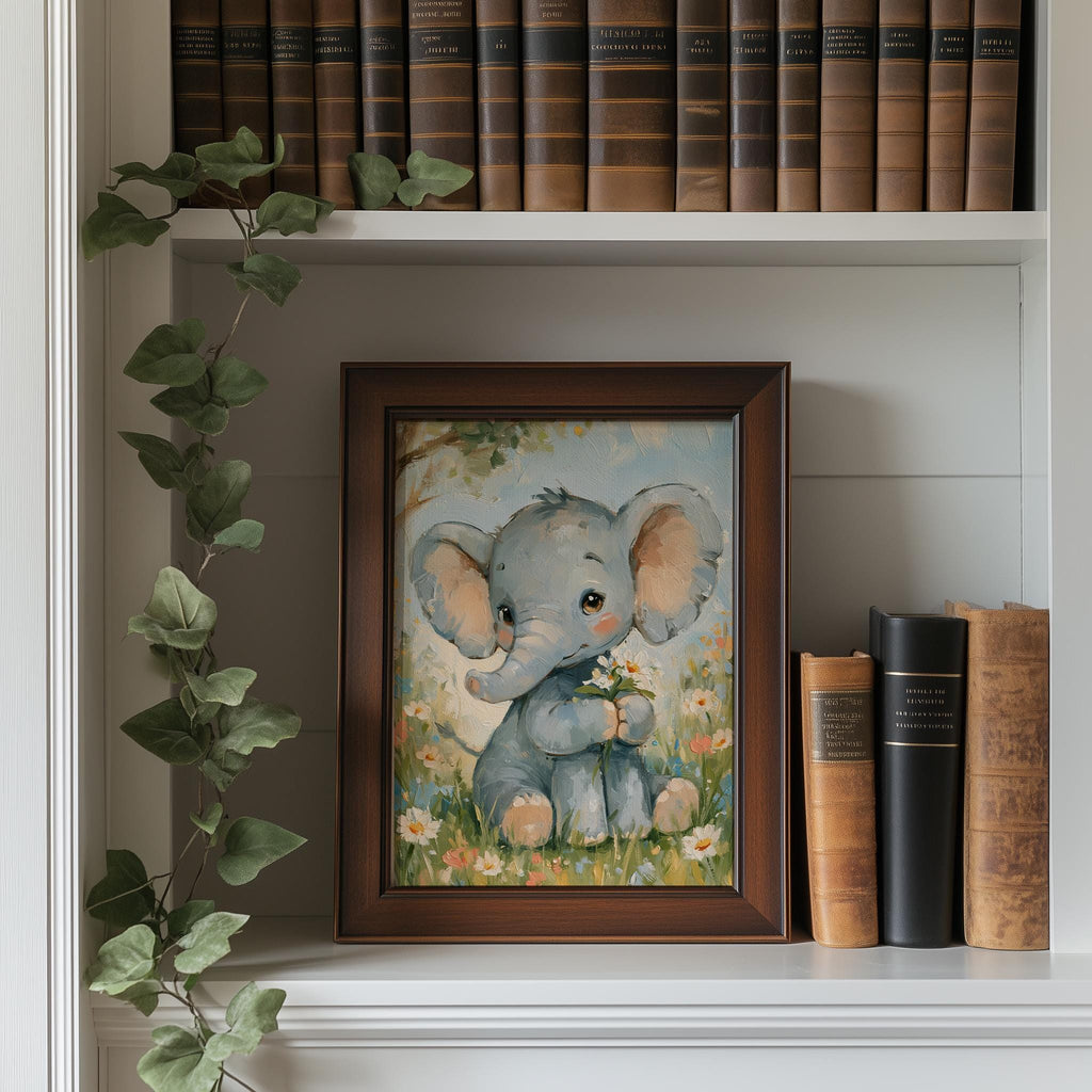 Watercolor Elephant animal art print shown in a room setting