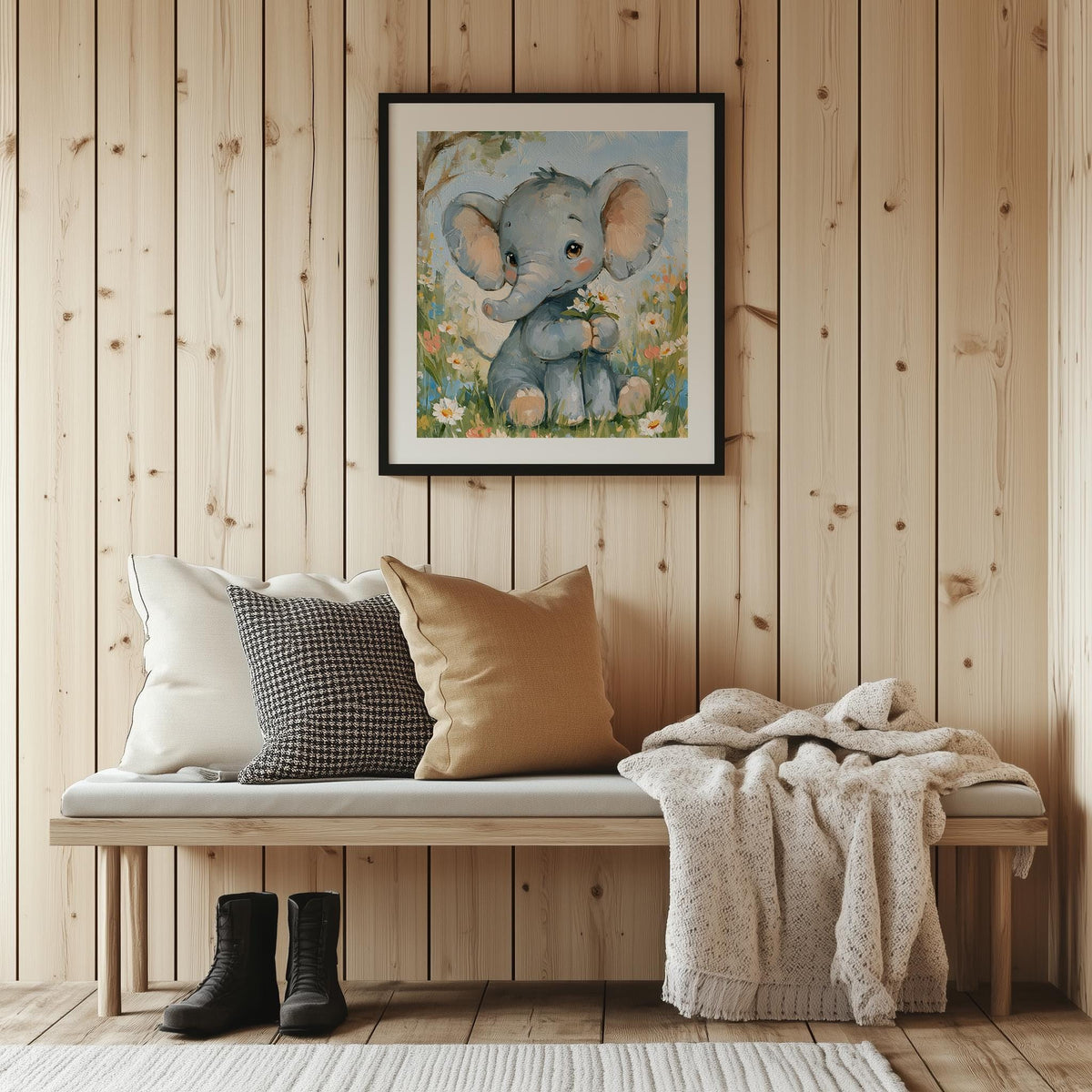 Watercolor Elephant animal art print shown in a room setting
