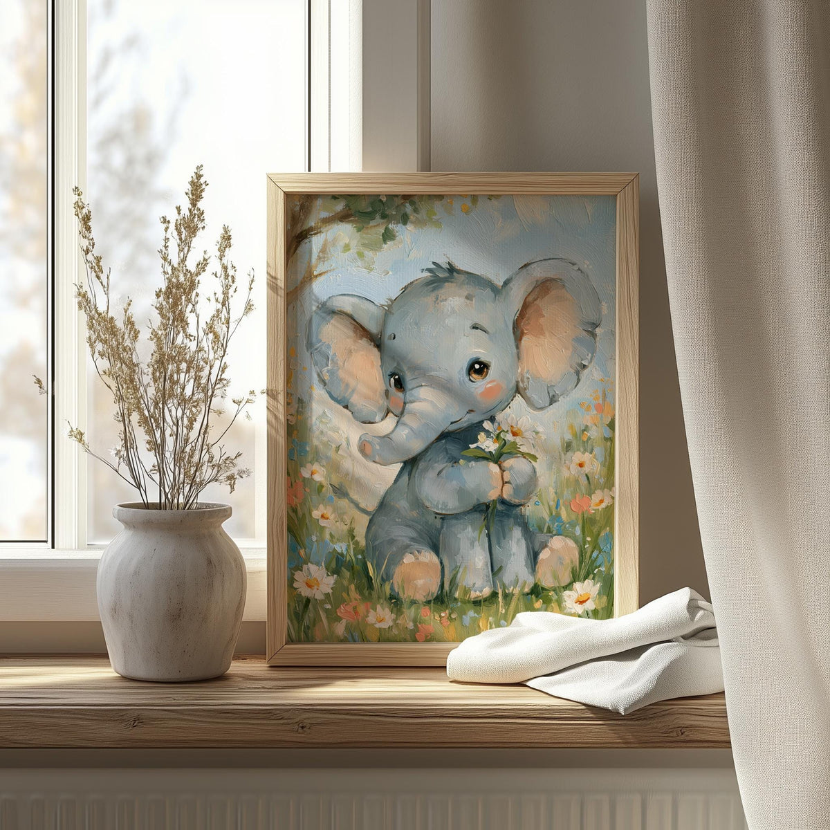 Watercolor Elephant animal art print shown in a room setting