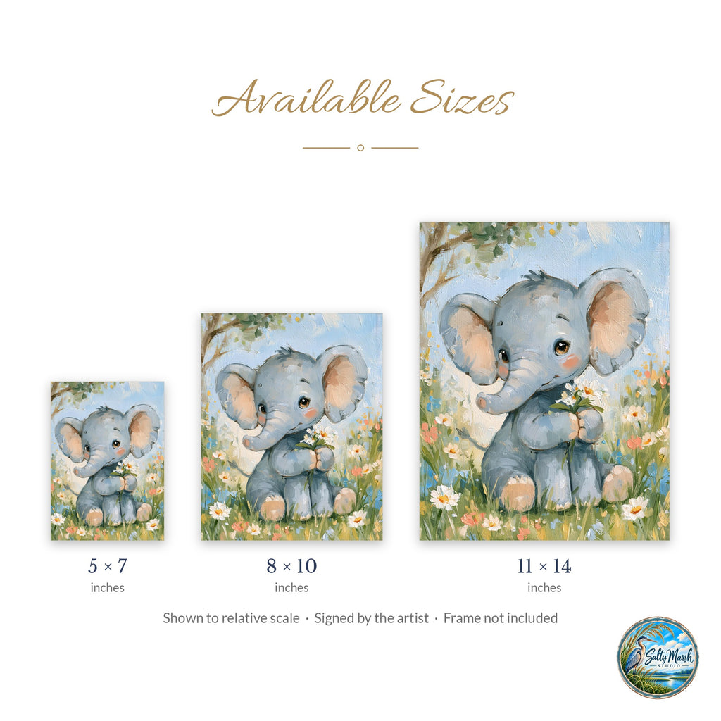 Watercolor Elephant art print size guide: 5x7, 8x10 and 11x14