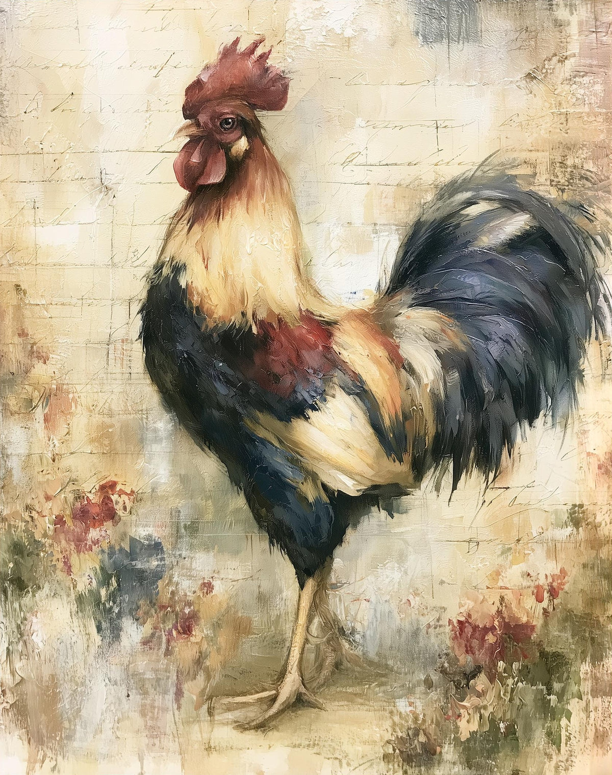Vintage Rooster animal art print unframed, signed by Pattie Overcash