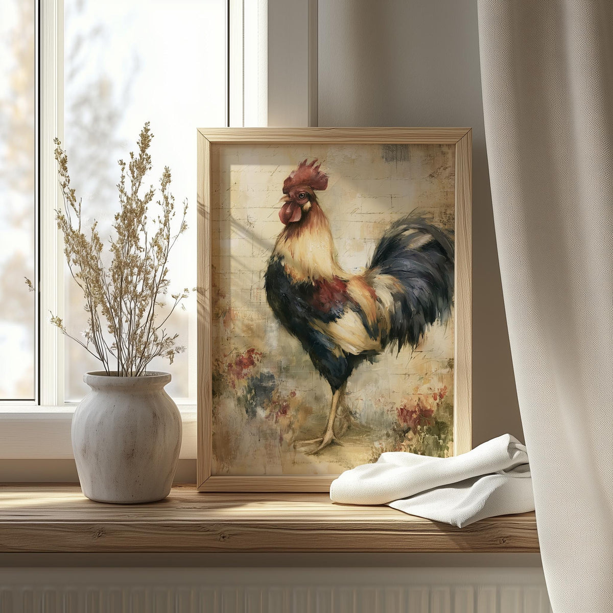 Vintage Rooster animal art print shown in a room setting