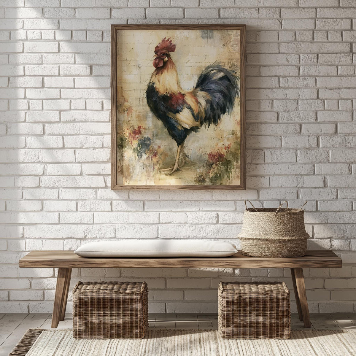 Vintage Rooster animal art print shown in a room setting