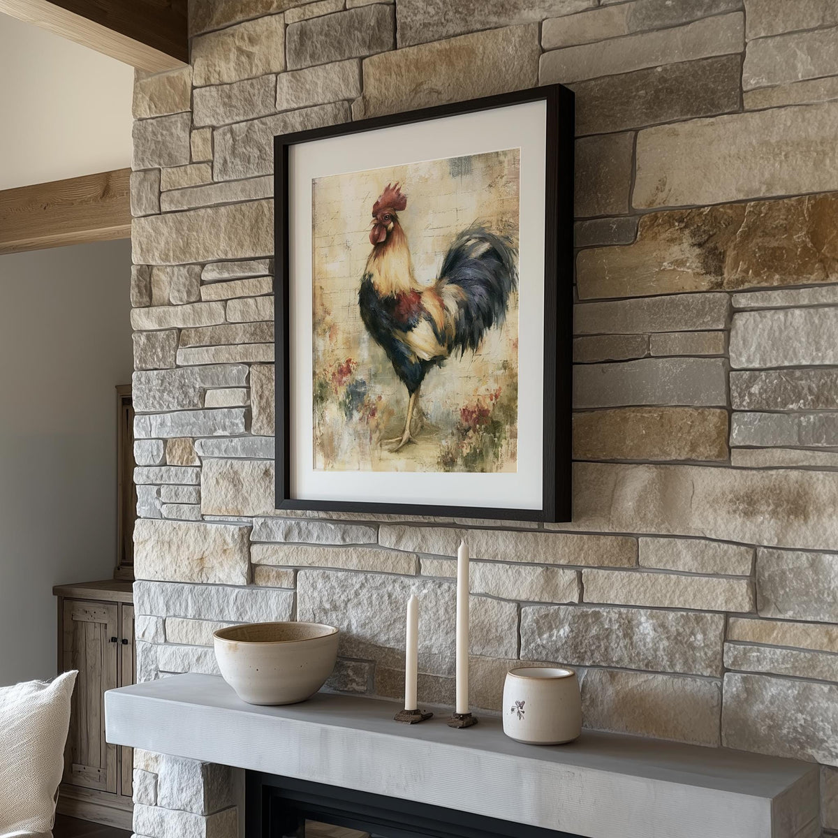 Vintage Rooster animal art print shown in a room setting