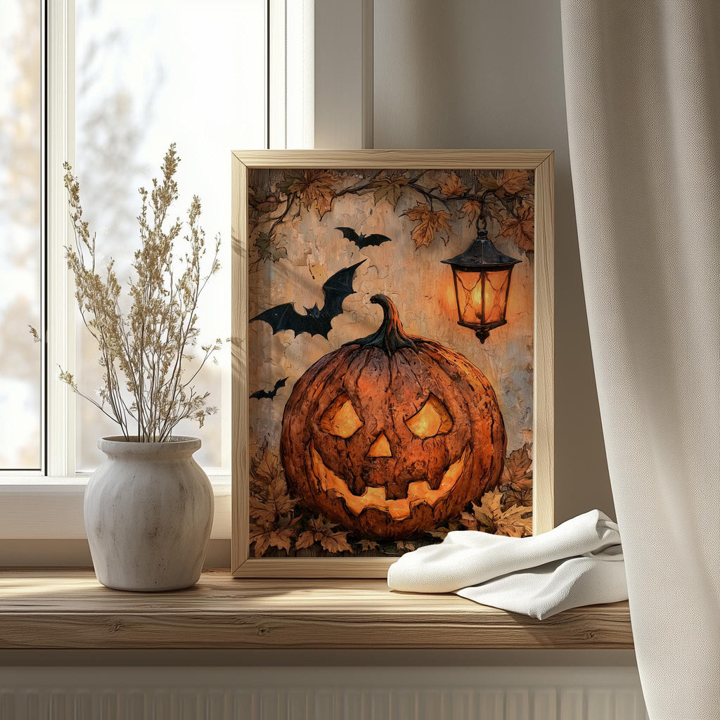 Lantern Jack-o-Lantern Halloween art print shown in a room setting