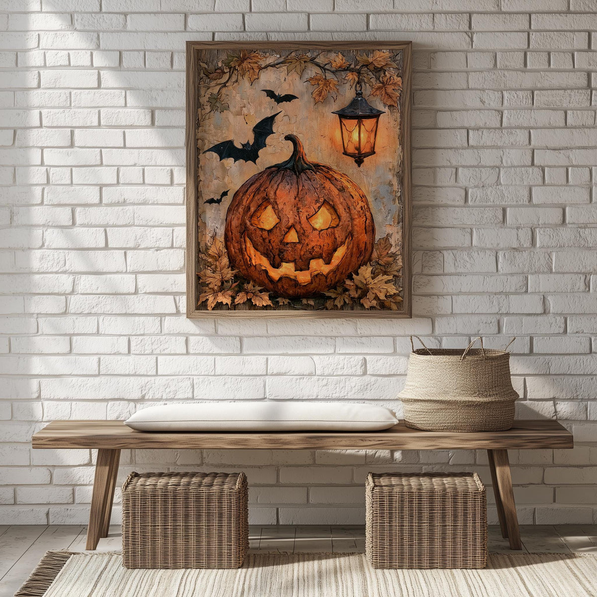 Lantern Jack-o-Lantern Halloween art print shown in a room setting