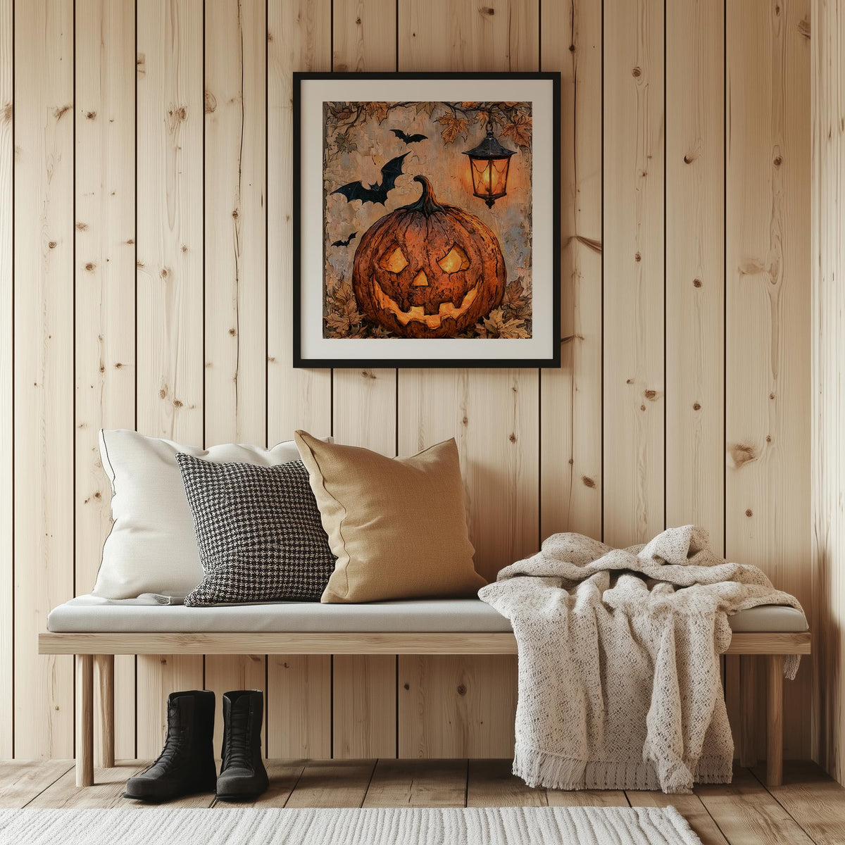 Lantern Jack-o-Lantern Halloween art print shown in a room setting