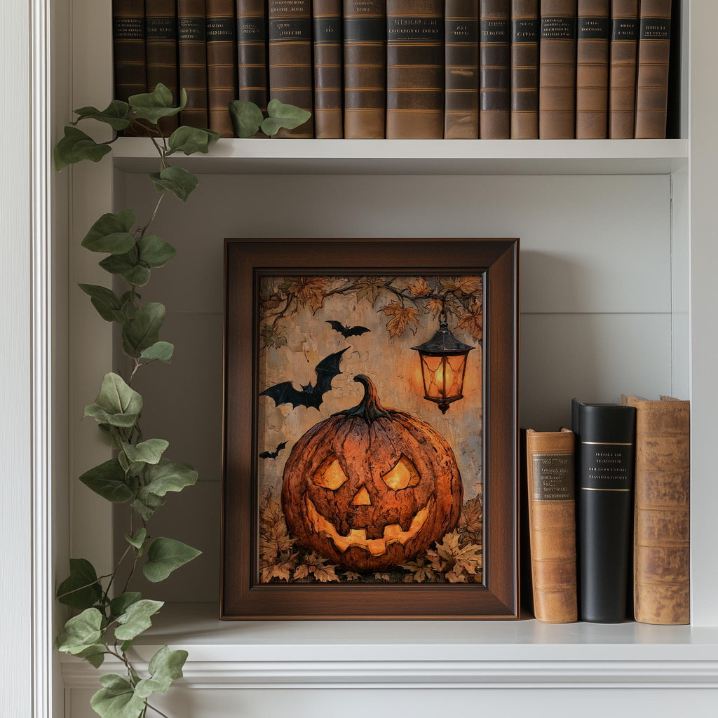 Lantern Jack-o-Lantern Halloween art print shown in a room setting