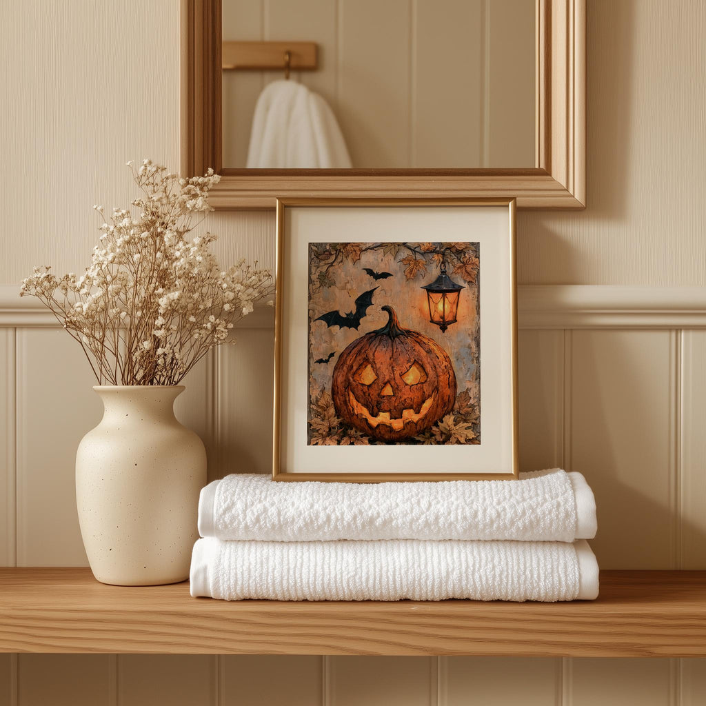 Lantern Jack-o-Lantern Halloween art print shown in a room setting