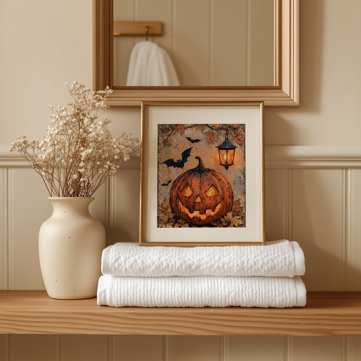Lantern Jack-o-Lantern Halloween art print shown in a room setting