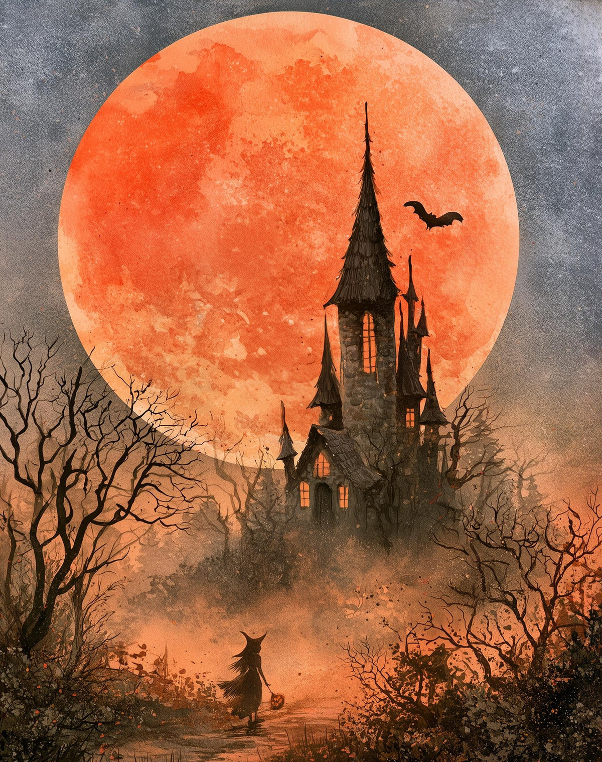 Blood Moon Castle Halloween art print unframed, signed by Pattie Overcash
