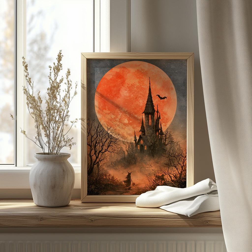 Blood Moon Castle Halloween art print shown in a room setting