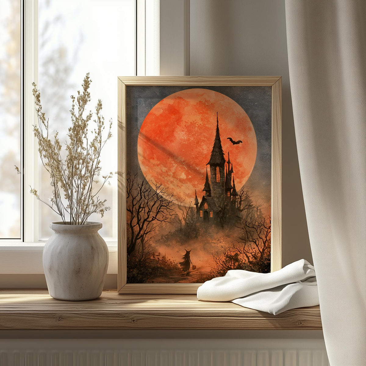 Blood Moon Castle Halloween art print shown in a room setting