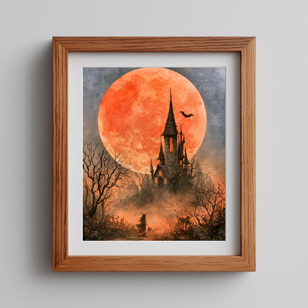 Blood Moon Castle Halloween art print shown in a room setting