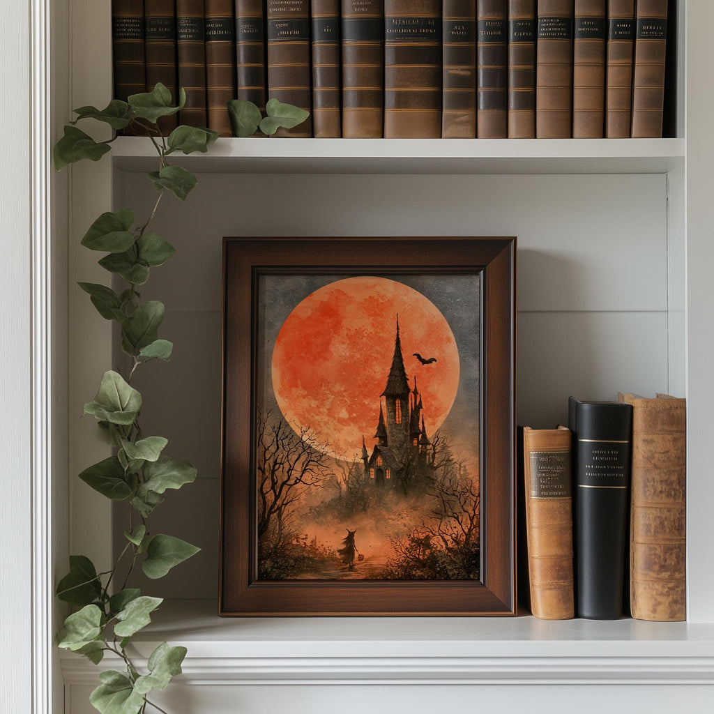 Blood Moon Castle Halloween art print shown in a room setting