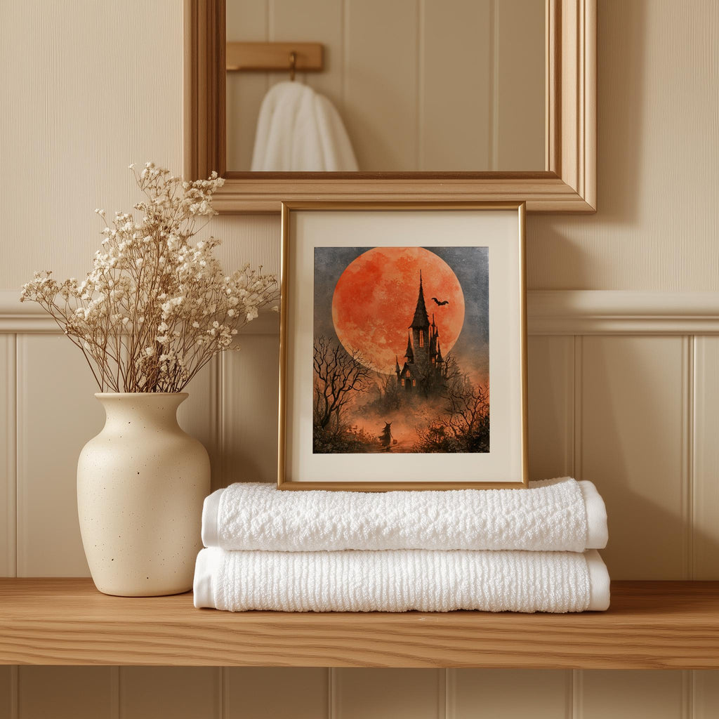 Blood Moon Castle Halloween art print shown in a room setting