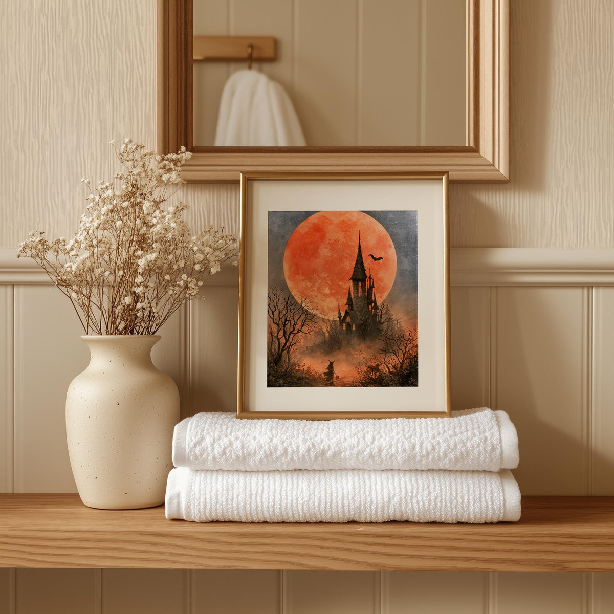 Blood Moon Castle Halloween art print shown in a room setting
