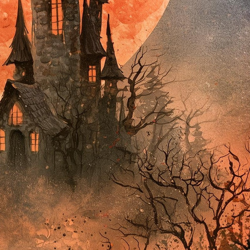 Blood Moon Castle Halloween art print close-up detail