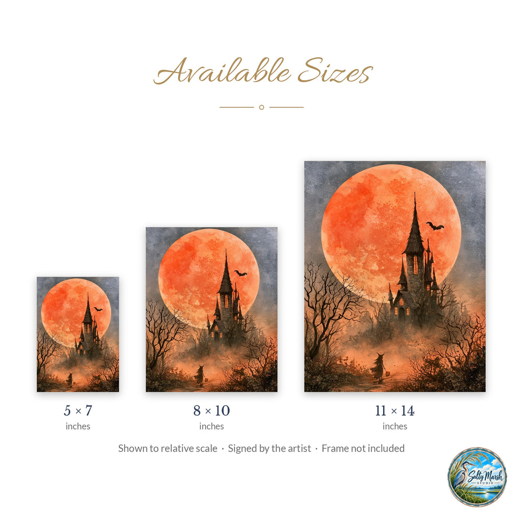 Blood Moon Castle art print size guide: 5x7, 8x10 and 11x14