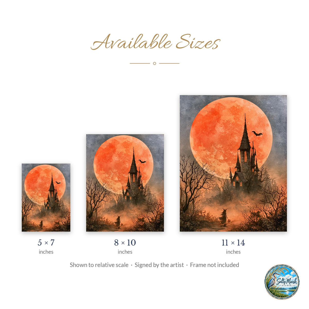 Blood Moon Castle art print size guide: 5x7, 8x10 and 11x14