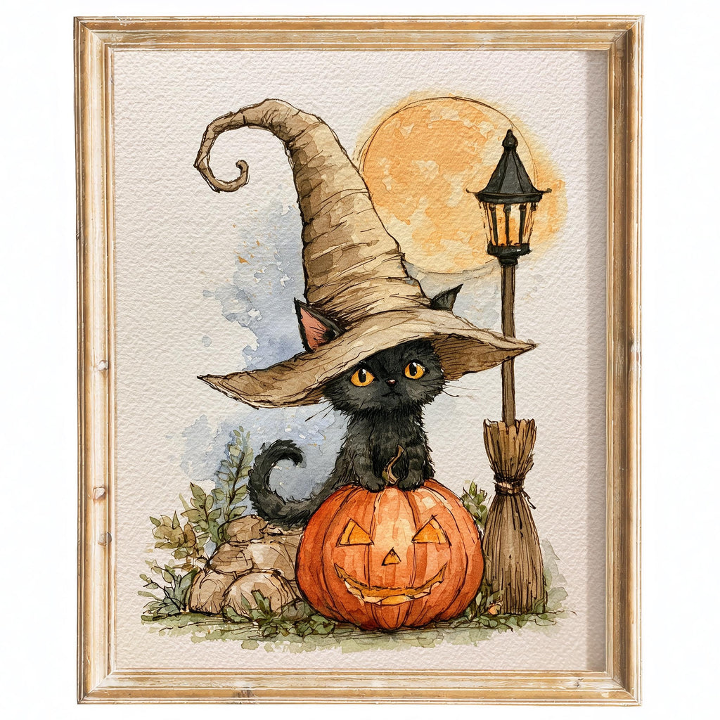 Lamppost Witch Cat Halloween art print framed