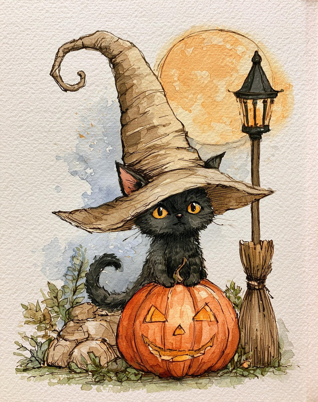 Lamppost Witch Cat Halloween art print unframed, signed by Pattie Overcash