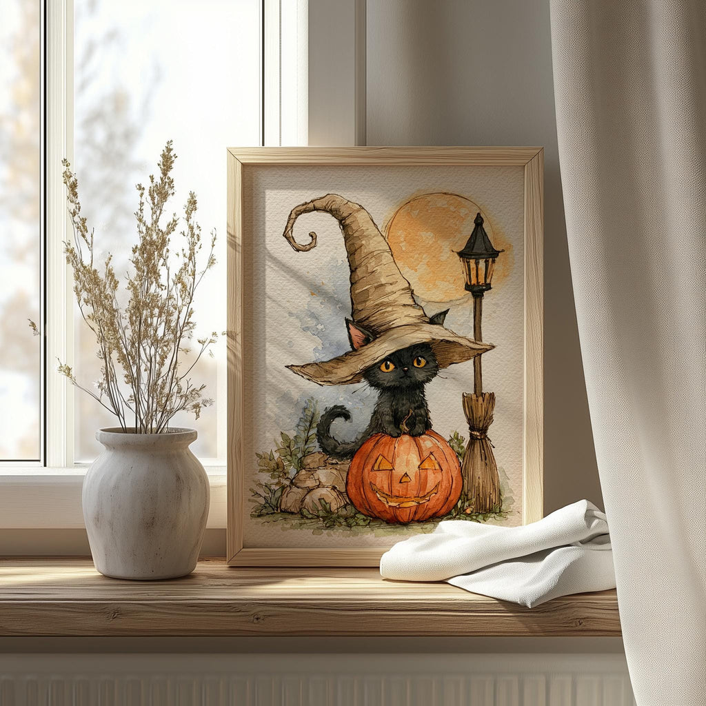 Lamppost Witch Cat Halloween art print shown in a room setting