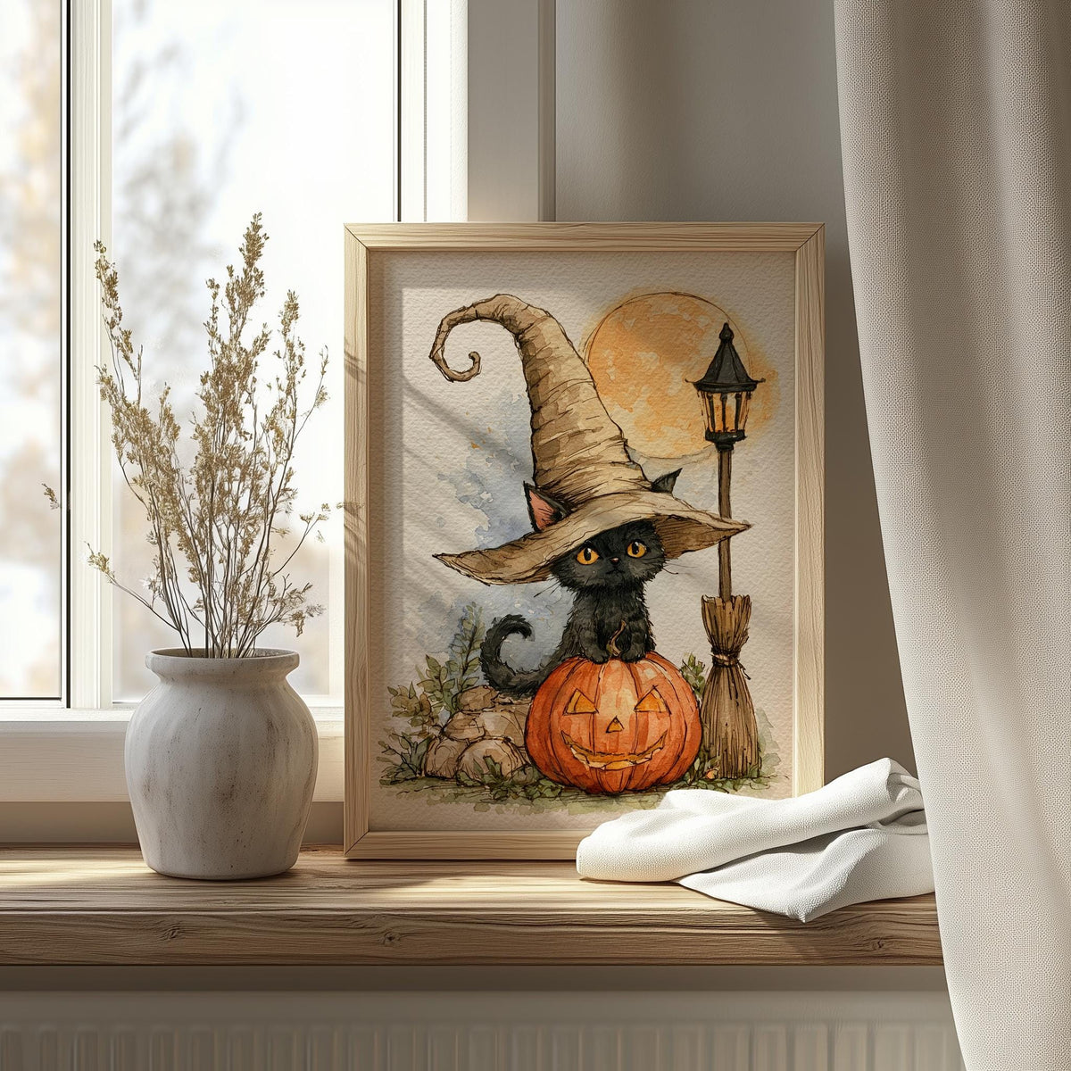Lamppost Witch Cat Halloween art print shown in a room setting