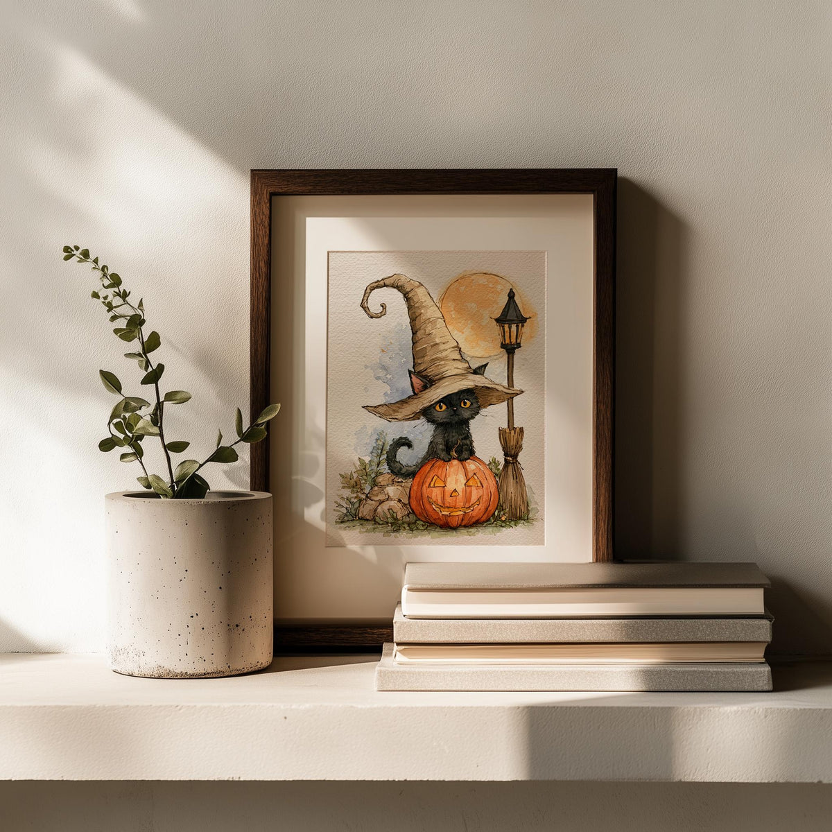Lamppost Witch Cat Halloween art print shown in a room setting