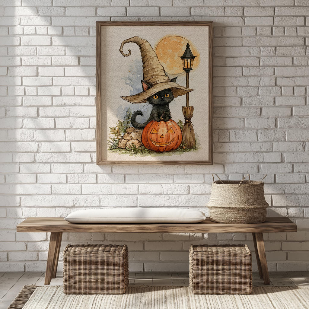 Lamppost Witch Cat Halloween art print shown in a room setting