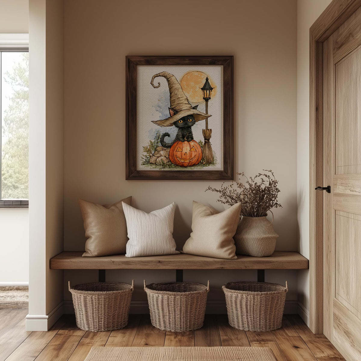Lamppost Witch Cat Halloween art print shown in a room setting