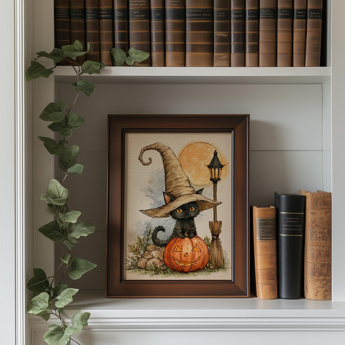 Lamppost Witch Cat Halloween art print shown in a room setting