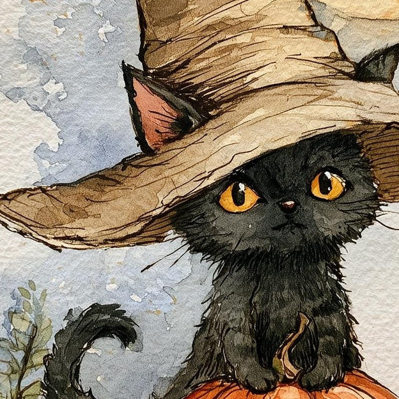 Lamppost Witch Cat Halloween art print close-up detail