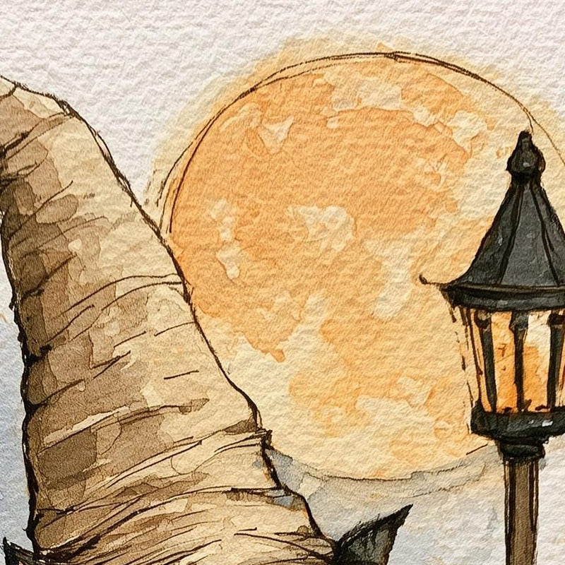 Lamppost Witch Cat Halloween art print close-up detail