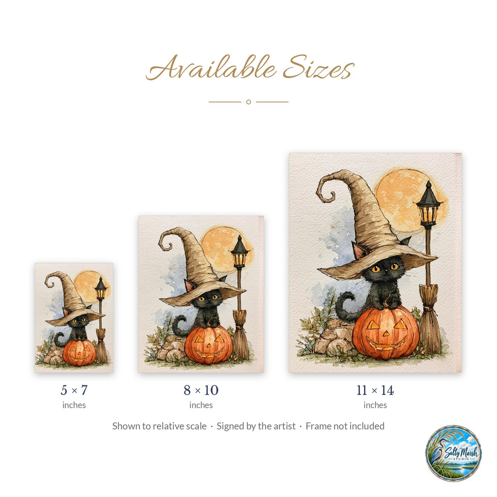 Lamppost Witch Cat art print size guide: 5x7, 8x10 and 11x14