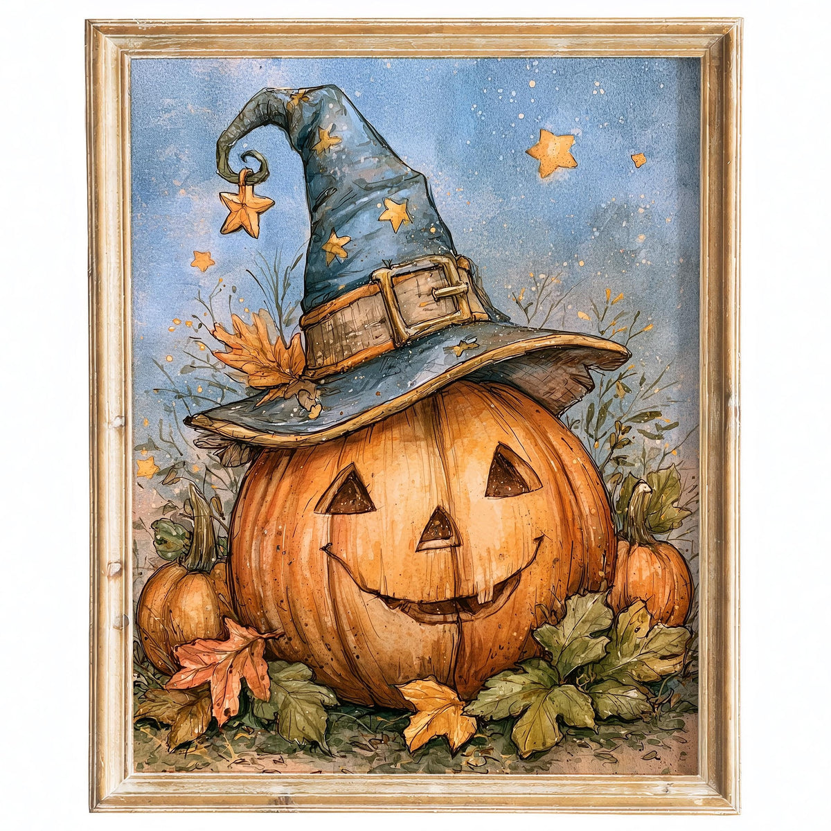 Starry Pumpkin Witch Halloween art print framed
