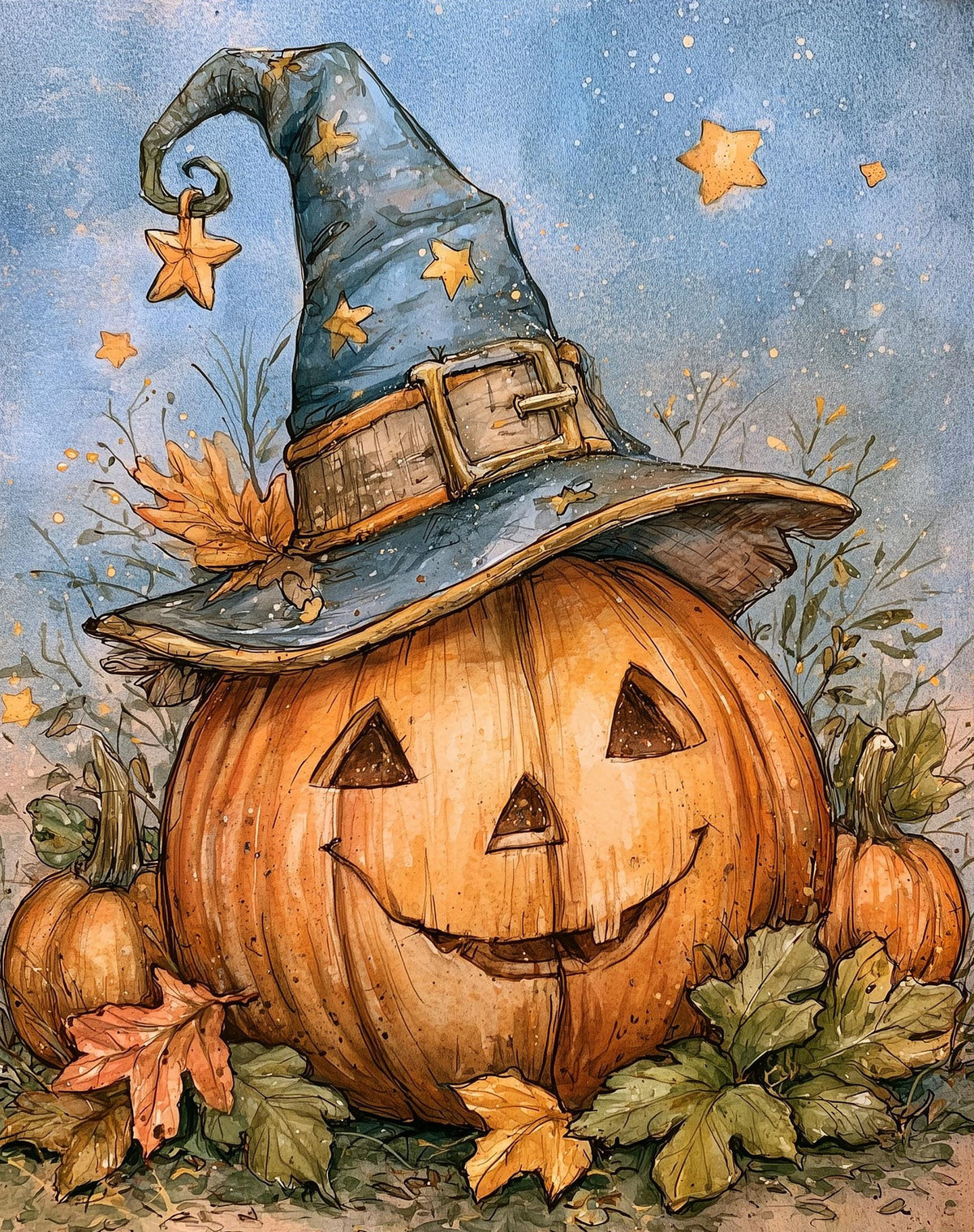 Starry Pumpkin Witch Halloween art print unframed, signed by Pattie Overcash